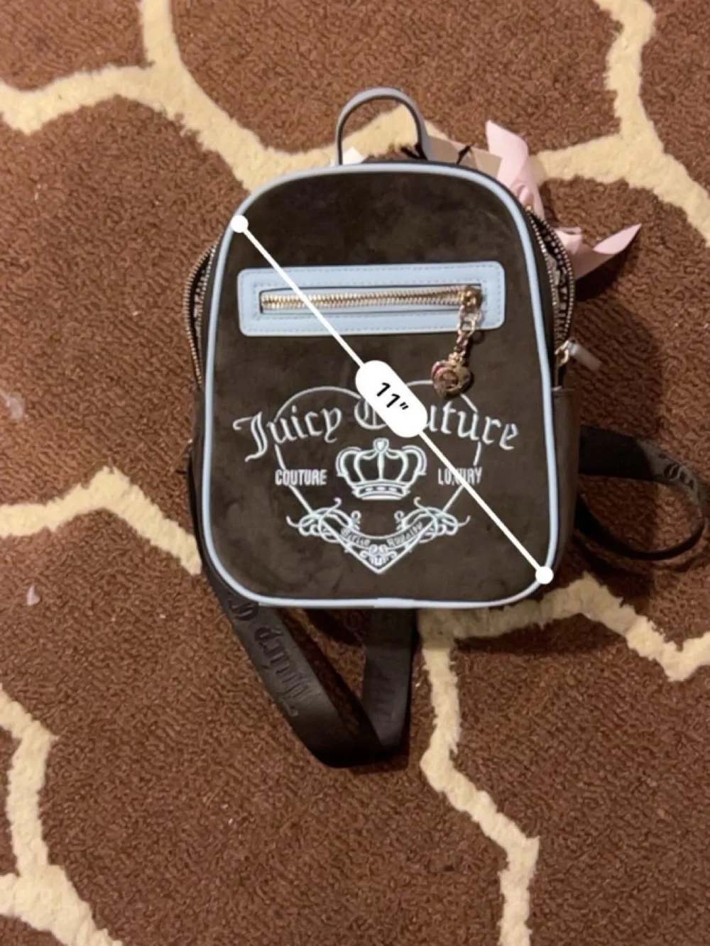 Juicy Couture Brown Backpack with Light Blue Trim and Gold Charm